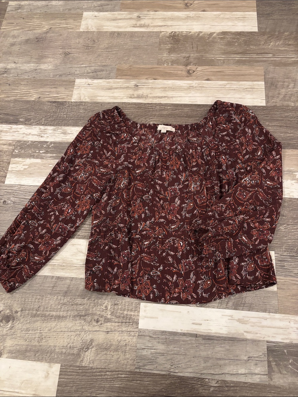 LOFT Burgundy Paisley Off-Shoulder Blouse